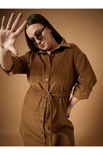 Sassafras By Styli Plus Size Corduroy Belted Detail Mini Shirt Dress