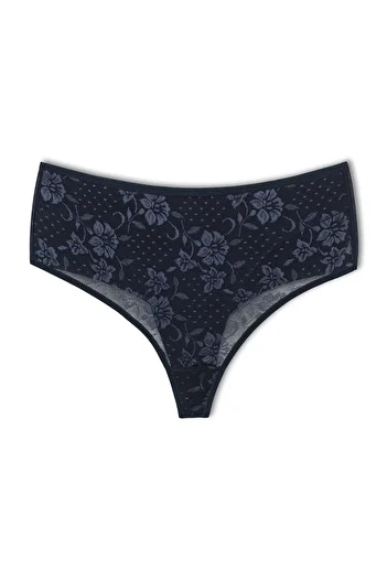 HNX Navy Blue Front Double Layer Lined Lace High Waist Cotton Thong Women's Panties