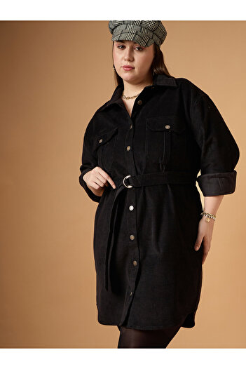 Sassafras By Styli Plus Size Corduroy Belted Detail Mini Shirt Dress