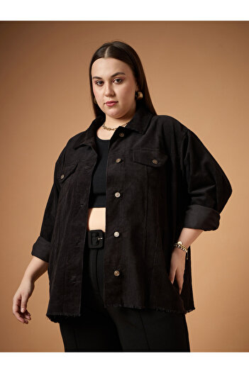 Sassafras By Styli Plus Size Corduroy Front Button Shacket with Pocket Detail