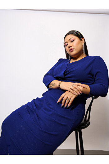Sassafras By Styli Plus Size Glittered Ruched Detail Bodycon Midi Dress
