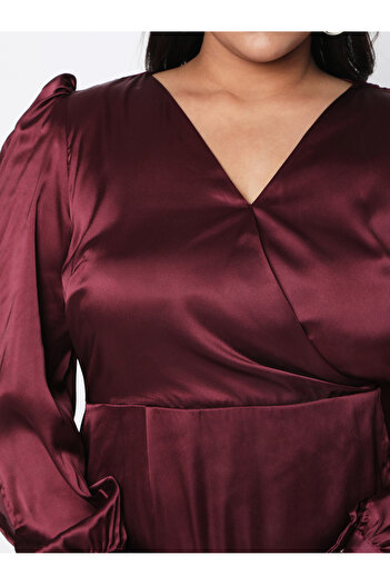 Mish By Styli Plus Size Satin Wrap Front Midi Dress with Tulip Hem