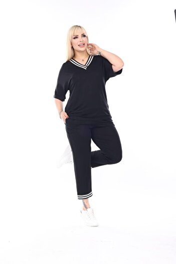 kısmet sepeti Women's Bottom-Top Short Sleeve Capri 2-Piece Black Combed Cotton Suit
