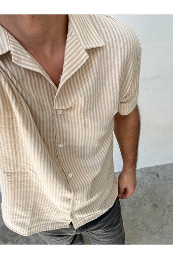 King Brothers Beige Striped Muslin Short Sleeve Men's Shirt