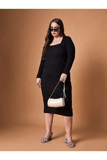 Sassafras By Styli Plus Size Ribbed Long Sleeves Bodycon Midi Dress