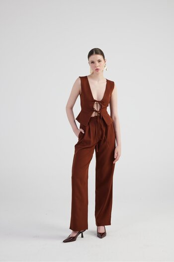 HOLLY LOLLY Wide Leg Pleated High Waist Palazzo Giselle Pants Coffee