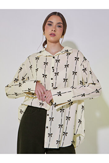 Take Two By Styli Bow Print Button Down Oversized Shirt