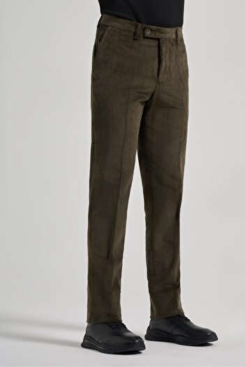 İmza Dark Khaki Cotton Side Pocket Comfort Fit Velvet Trousers 1003245160