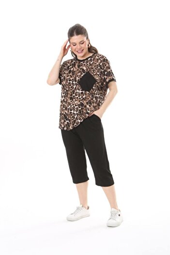kısmet sepeti Women's Leopard Patterned Black Pocket Suit, Lycra 2-Piece and Sleeve Capri