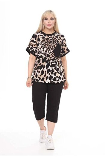 kısmet sepeti Women's Bottom-Top Short Sleeve Capri 2-Piece Lycra Pocket Detail Leopard Pattern Combed Cotton Suit