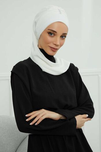 Aisha's Design Chiffon Ready-Made Turban with Colorful Stone Accessories,Ht-51,Ht-51,Off White