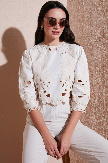 Lela Slim Fit Openwork Embroidered Cotton Crew Neck Crop Blouse