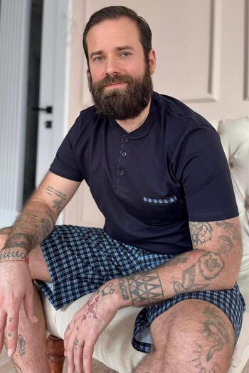 Pijamaevi Dark Navy Plaid Men's Short Sleeve Pajamas Set with Pocket Detail Shorts
