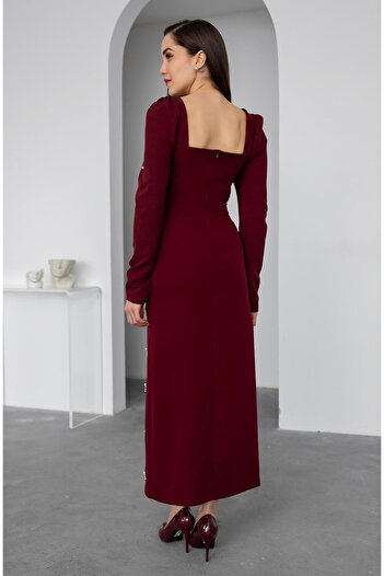 Afiş Butik Bordo İnci Detaylı Yırtmaçlı Elbise