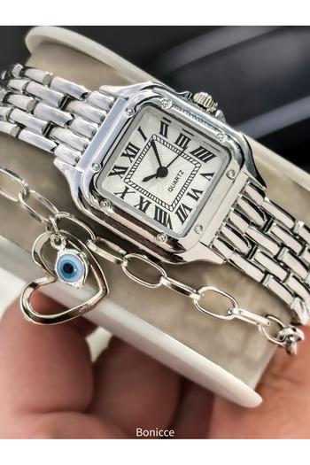 Bonicce Brand Retro , Vintage Mini Case Silver Color, Women Wrist Watch + Bracelet