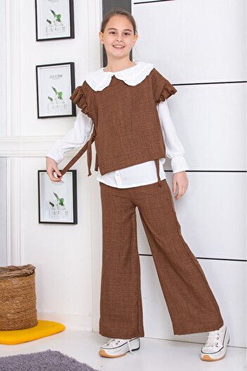 tunays shopping Linen 3 Piece Girl's Suit with Shirt Pants