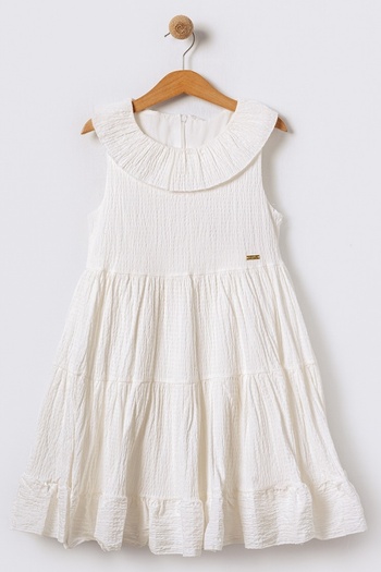 Bebüş Scoop Neck Muslin Fold Flared Ecru Girl's Dress - Lined 15602