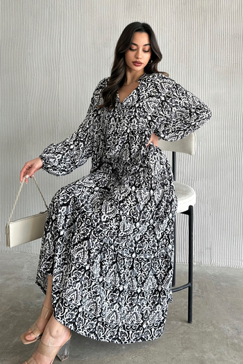 ASEDE 100% Viscose Bohemian Alaçatı Dress Buttoned Colorful Patterned Viscose Dress Suitable for Hijab Dress