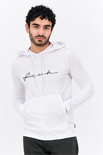 French Connection Men Hooded Embroidered Logo Long Sleeve Sweatshirt, White