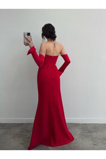 Serica Moda Kırmızı Saten Kol Detaylı  Abiye Elbise