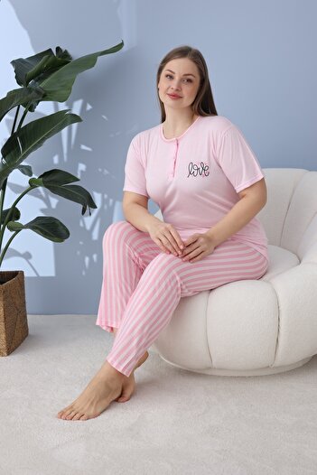SEBOTEKS %100 Pamuklu Kısa Kollu Büyük Beden Kadın Pijama Takımı 30200