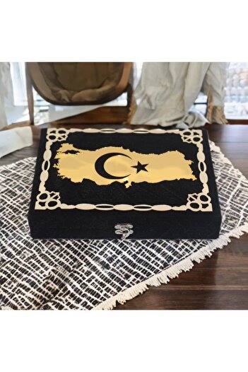 RAMDET 28-20-6 cm Türk Bayraklı Siyah Kadife Kuran-ı Kerim Kutusu Hediye Kutusu Tesbih Kitap Kutusu