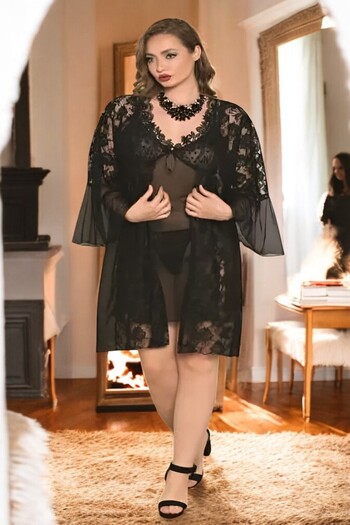 SİA LESS Plus Size Black Lace Dressing Gown Nightgown Set