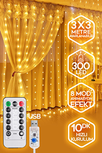 SULED Sl-1034- 300 Ledli 10 Saçaklı Sarı Led Kumandalı 8 Modlu Perde Led Peri Mutfak Işık Dekoratif Lamba
