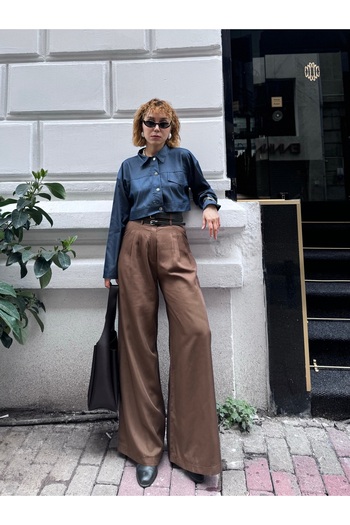 Bak'ap Premium Double Belted Ektra High Waist Wide Leg Pleated Fabric Trousers