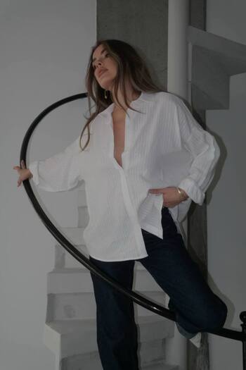 Lusin Women's Ecru Premium Quality Striped Oversize Tirl Shirt
