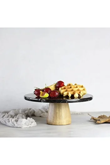Akayev Marble 25 Cm Black Round Presentation Plate with Conical Wooden Legs