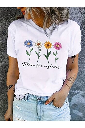HOFFNUNG Cute Flower and Letter Printed Comfortable T-Shirt Large Size