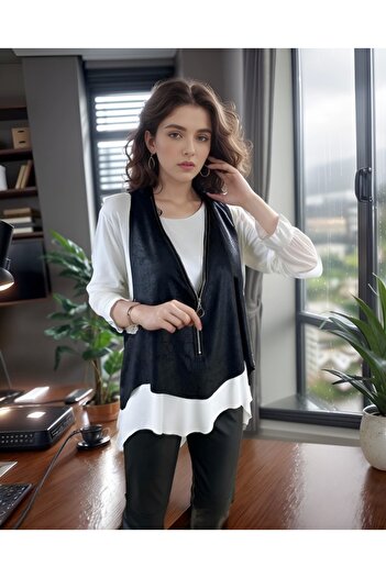 MODA Women's Long Sleeve Asymmetrical Cut Viscose Blouse and Cracked Leather Look Zipper Detailed Vest Double Jewelry
