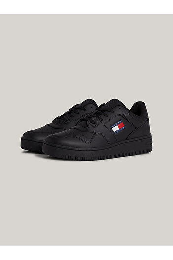Tommy Hilfiger Pánské logo značky Kožená horní gumová podešev Černé tenisky Vhodné pro příležitostné použití Em0em01395-Bds
