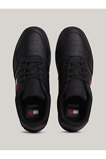 Tommy Hilfiger Erkek Marka Logolu Deri Üst Kauçuk Dış Tabanlı Gündelik Kullanıma Uygun Siyah Sneaker