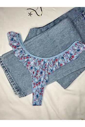 ROZENİN LINGERIE Blue Frilly Floral Patterned Thong