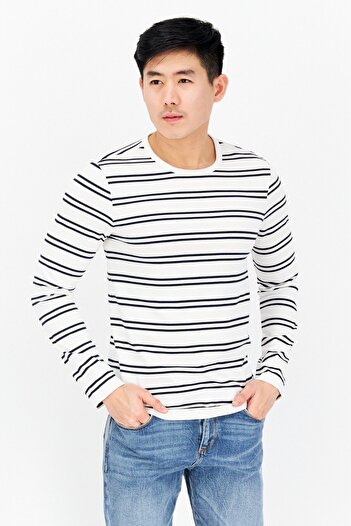 Aigle Men Crew Neck Long Sleeves Stripe T-shirt, White