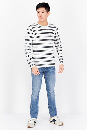 Aigle Men Crew Neck Long Sleeves Stripe T-shirt, White