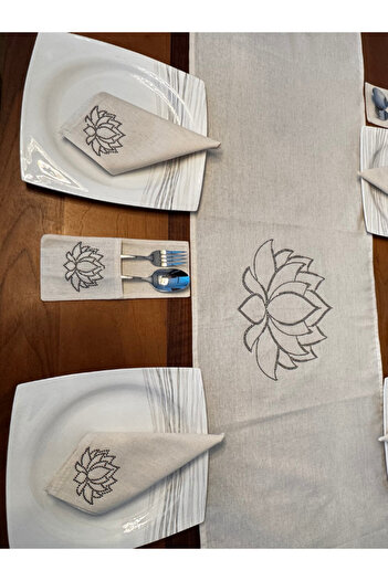 Menar Tasarım Lotus Flower Embroidered Runner Napkin Spoon Holder Serving Set 6 Person Design Tableware