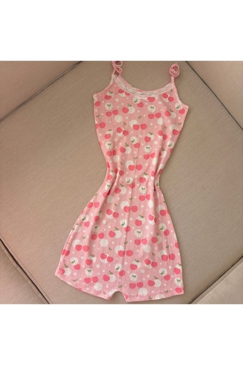 PİNKUE Women's Pink Suspender Shorts Jumpsuit - Lace Detail, Cherry Print, Summer, Relaxed Fit, Thin Fabric
