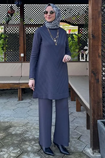 Rabia Şamlı Damla Knitwear-Tunic Anthracite Set