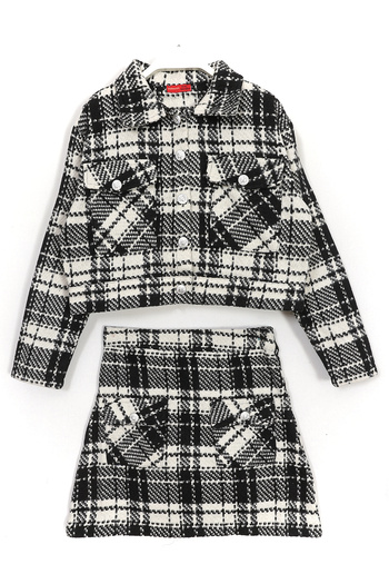 DobaKids Stamp Fabric Shirt Collar Button Detailed Crop Jacket Skirt Set