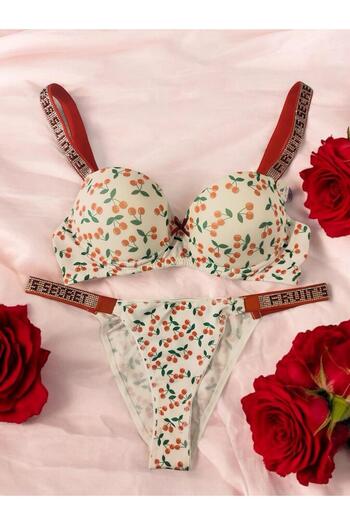 enmodaiçgiyim Cherry Patterned Stone Padded Women's Bra Set