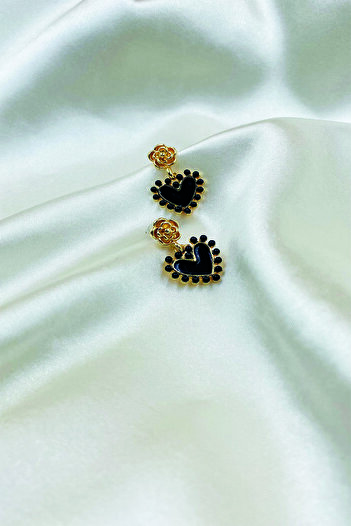 Eylülün Takısı Gold Color Black Heart Dangle Earrings