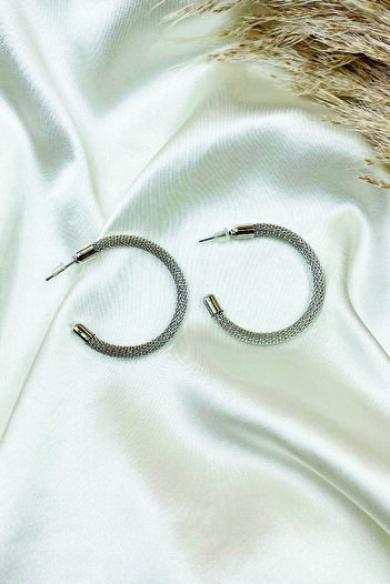 Eylülün Takısı Silver Color Large Size Patterned Hoop Earrings