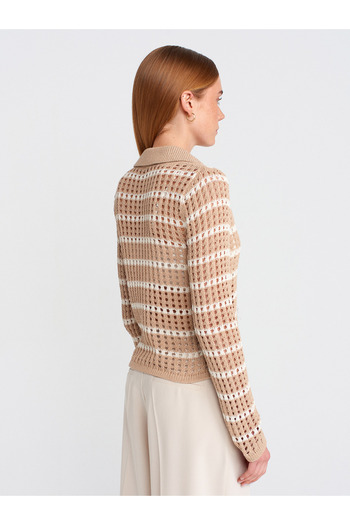 Dilvin 10724 Polo Neck Openwork Buttoned Knitwear Sweater-Beige-Ecru