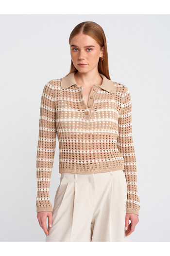 Dilvin 10724 Polo Neck Openwork Buttoned Knitwear Sweater-Beige-Ecru