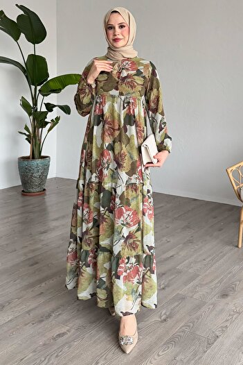InStyle Patlı Desenli Şifon Yeşil Elbise
