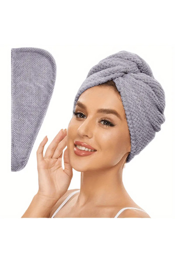 Choice Grey Solid Color Hair Towel Textured Dry Hair Cap 9.8 "X 25.5" Absorbent Hair Towel Wrap for Button-