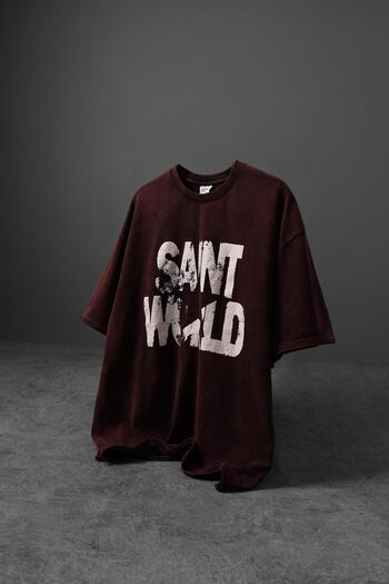 Slatra Men's Burgundy Star Special Washed Fabric Oversize Tshirt
